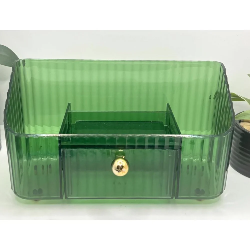 Green Ribbed Acrylic Organizer With Drawer & Gold Knob